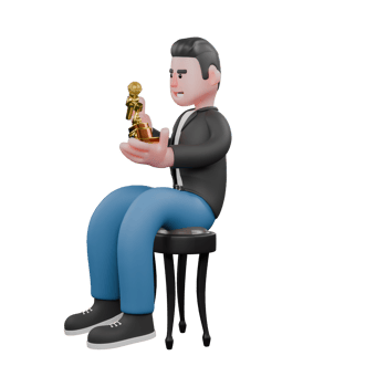 Animated 3D Music Character.a musician sits on chair holding trophy in front of chest with happy expression. Performer Design png