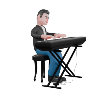 Illustrated 3D Music Character. a musician sits on chair with both hands playing organ. Entertainment Design png
