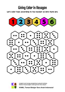 educational game for children giving color in Hexagon according the number of dots. Education worksheet Printable A4 size. Counting exercise vector