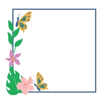 Botanical tropical border square frame with leaves, flower and butterfly clipart illustration vector