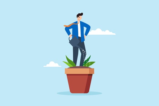 Flat illustration of confident businessman watering himself in plant pot personal development career growth develop skill self improvement vector