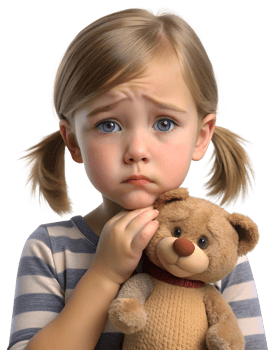 A young girl with her teddy bear, with sad eyes png