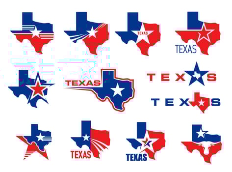 Texas state map icons with flag stars, bull head vector