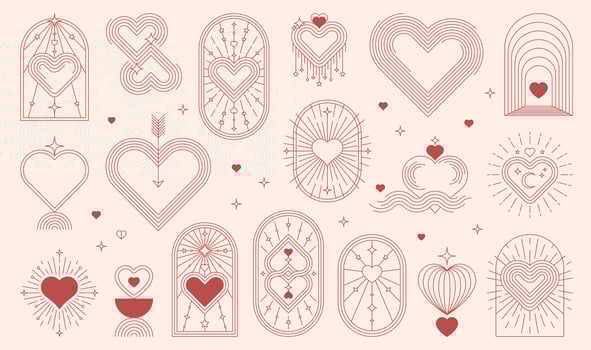 Boho Valentine celestial icons with line hearts vector