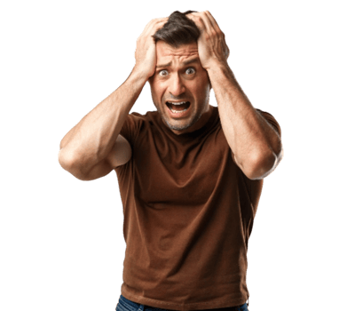 Stressed man holding head and screaming with transparent background png
