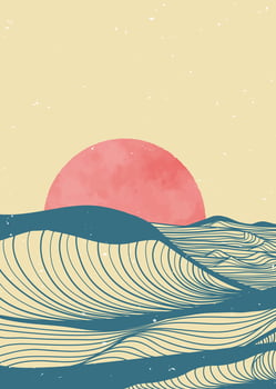 Ocean wave landscape illustration. Creative minimalist modern line art print. Abstract contemporary aesthetic backgrounds landscapes. with Ocean, sea, skyline, wave and sunset vector