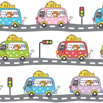 Seamless pattern of cute cats stay on bus with paw and big fish road background.Traffic light.Vehicle.Pet animal character cartoon design.Hand drawn.Image for card,poster,baby clothing.Kawaii. vector