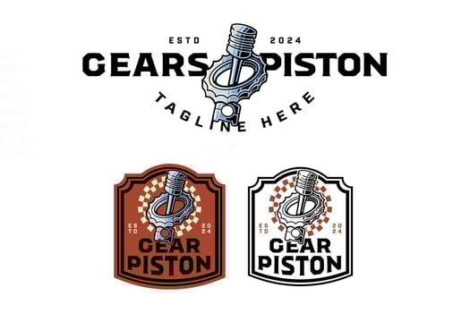 ring gear surround piston colorful and outline logo design set for garage, automotive, motorcycle club engine piston, gear, serration illustration badge logo template for rider, racing sport vector