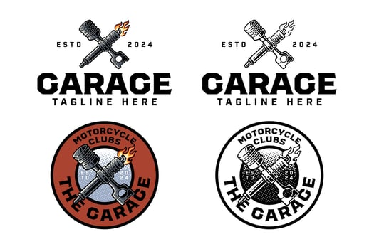 engine piston with spark plug crossed colorful outline logo design set for garage, automotive, motorcycle club piston, spark plug with fire illustration badge logo template for rider, racing sport vector