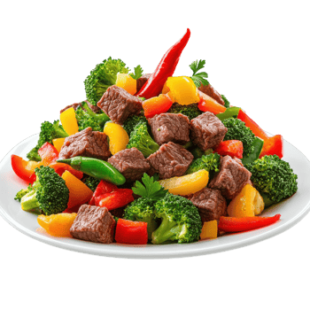 Beef Cube Salad on Plate with Cascading Broccoli for Gourmet Recipes on transparent background png
