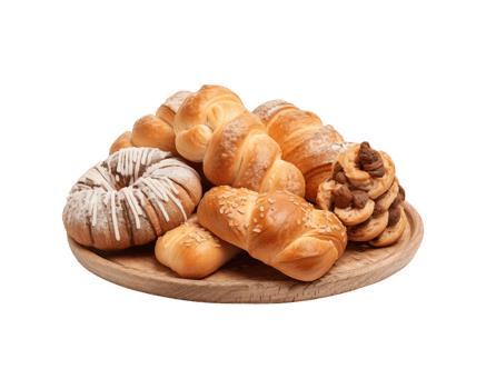 Assorted delicious pastries and breads served on white background. Ideal for food themed graphics and bakery marketing png