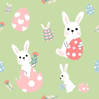 Easter bunny pattern with flowers and eggs vector
