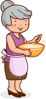 Cartoon senior woman with a bowl preparing a meal. Cute old lady with apron cooks lunch. An old woman, holding a bowl and cooking. Grandma cooking dinner. vector