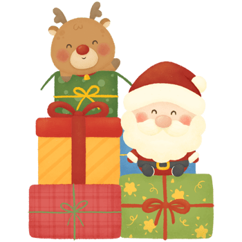 Santa and reindeer with gift boxes png