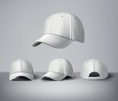 White baseball caps mock up with logo in gray background, front sides. For branding and advertising. vector