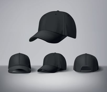 Black baseball caps mock up with logo in gray background, front sides. For branding and advertising. vector