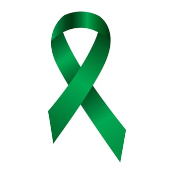 Emerald green ribbon awareness Liver cancer, Liver disease, Mental health. Isolated on white background. vector