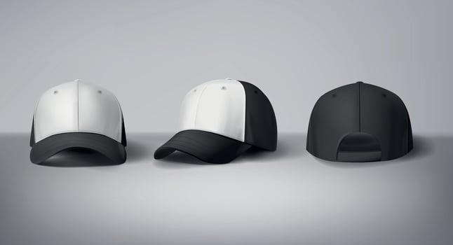 Black and white baseball caps mock up with logo in gray background, front sides. For branding and advertising. vector