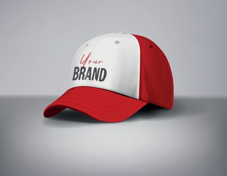 Red baseball caps mock up with logo in gray background, front sides. For branding and advertising. vector