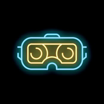 Brightly glowing yellow and blue neon icon of a vr virtual reality headset vector