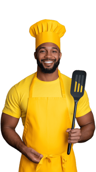 Smiling chef holding spatula in yellow uniform on a transparent background png