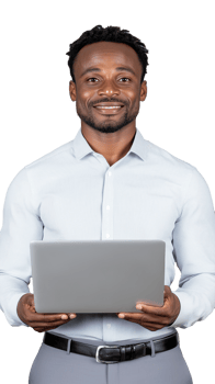 Smiling man holding laptop in professional attire on a transparent background png