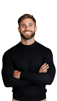 Smiling man in black shirt crossing arms on a transparent background png
