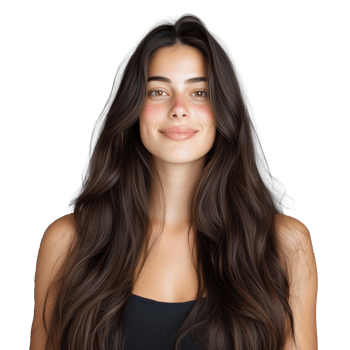 Smiling woman with long dark hair wearing a black tank top on a transparent background png