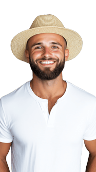 Smiling man wearing a straw hat and white t-shirt on a transparent background png