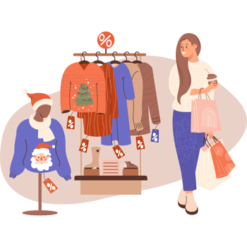 Christmas shopping, seasonal sale. Girl with rack with clothes and mannequin in xmas sweater with Santa png