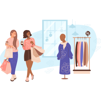 Shopping. Happy girlfriends buyers in store with female mannequin in dress png