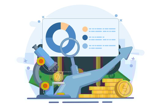 Financial analyst or consultant concept. Making financial operations. Financial studies, forecasts and risk assessments. Business strategy. Analyzing statistical or financial information. Illustration vector