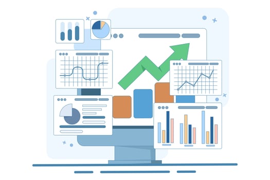 Performance monitoring concept. Computer with financial reports on screen. Research results and data analysis. Dashboard displaying growth data and statistical graphs. vector