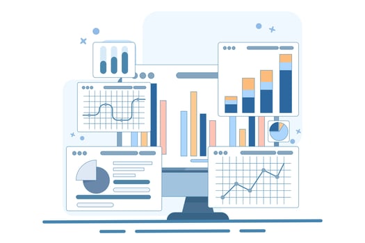 Performance monitoring concept. Research results and data analysis. Dashboards displaying growth data and statistical graphs. Devices with financial reports on the screen. vector