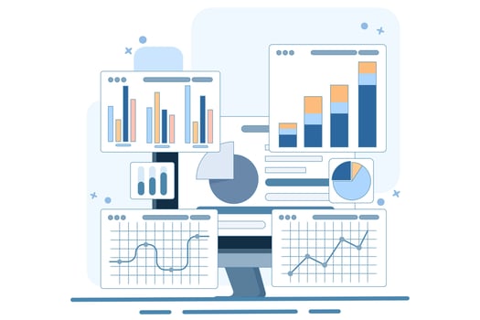 Performance monitoring concept. Research results and data analysis. Dashboard displaying growth data and statistical graphs. Device with financial reports on the screen. Flat illustration. vector