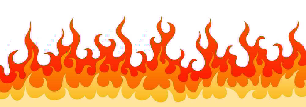 Stylish illustration with blazing wall of wildfire. Decoration frame with hot burning fire flame in red, orange and yellow colors isolated on white background for flammable web design vector