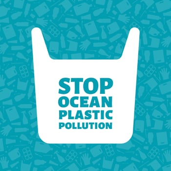 Stop ocean plastic pollution concept illustration. Single use plastic bag with sign on trash background Prevent ocean pollution ecology concept, sustainable lifestyle graphic. vector