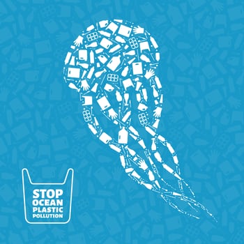 Plastic waste ocean environment problem concept illustration. Jellyfish ocean animal outline filled with plastic waste flat icons. Sustainable lifestyle, underwater wildlife danger concept. vector