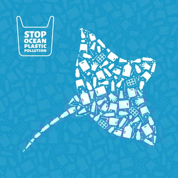 Plastic waste ocean environment problem concept llustration. Ray marine fish silhouette filled with plastic garbage flat icons. Microplastic pollution problem, single use plastic ecology crisis vector