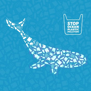 Stop ocean plastic pollution concept illustration. Whale marine mammal outline filled with plastic trash flat icons. Prevent ocean pollution ecology concept, sustainable lifestyle graphic. vector