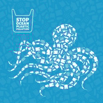 Plastic waste ocean environment problem concept illustration. Octopus marine mollusc outline filled with plastic trash flat icons. Sustainable lifestyle graphic, zero waste concept. vector