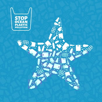 Stop ocean plastic pollution concept illustration. Starfish marine animal silhouette filled with plastic garbage flat icons. Global environmental problem, prevent ocean pollution concept vector