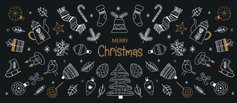 Hand drawn doodle sketch christmas elements. Holiday ornament, rustic wreath sketch doodle. Winter banner. Sketch art for holiday greetings cards. Black background, white and golden graphic. vector