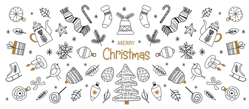 Hand drawn doodle sketch christmas elements. Holiday ornament, rustic wreath sketch doodle. Winter banner. Sketch art for holiday greetings cards vector