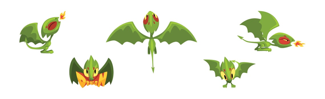 Fairy Dragon Baby Green Lizard with Wing and Tail Set vector