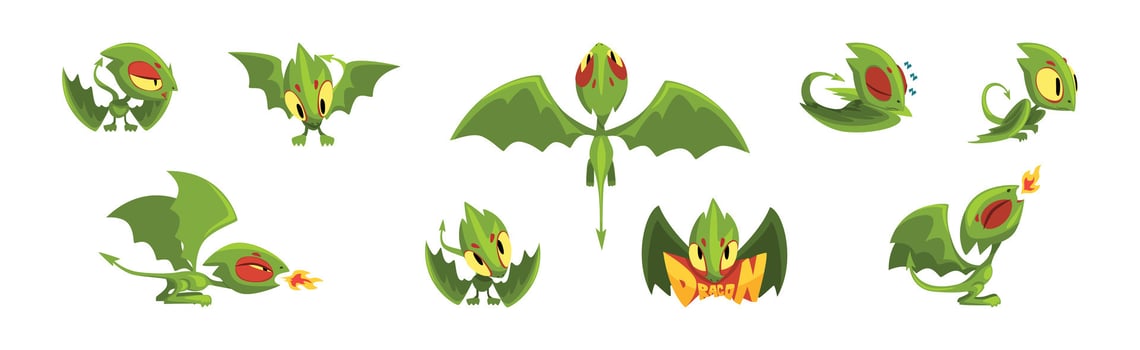Fairy Dragon Baby Green Lizard with Wing and Tail Set vector