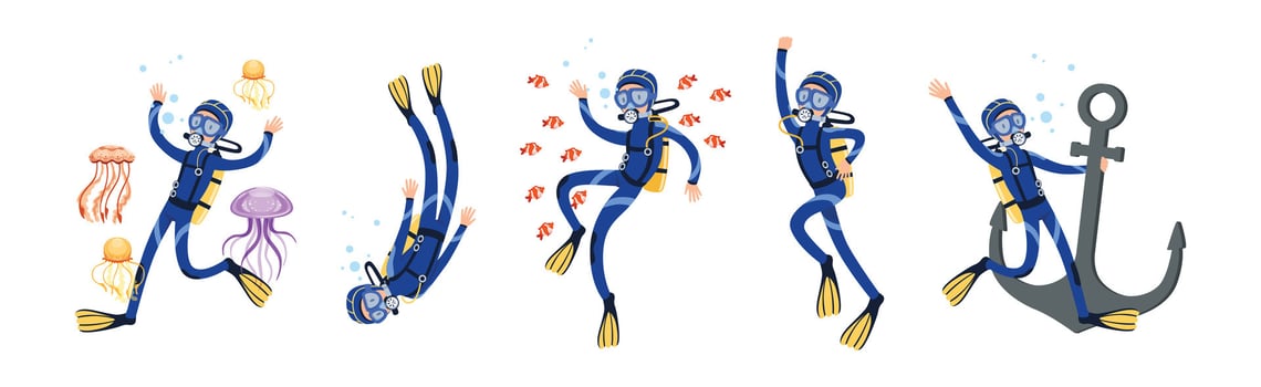 Diving Man Character in Blue Suit with Flippers Set vector