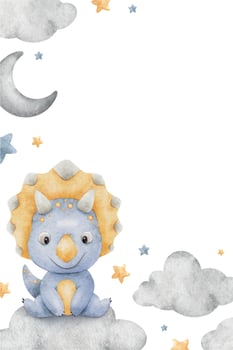 Triceratops sitting on Crescent moon, clouds, stars. Isolated hand drawn Watercolor frame. Background of blue baby dinosaur for children's room, kids goods, posters, baby shower cards vector