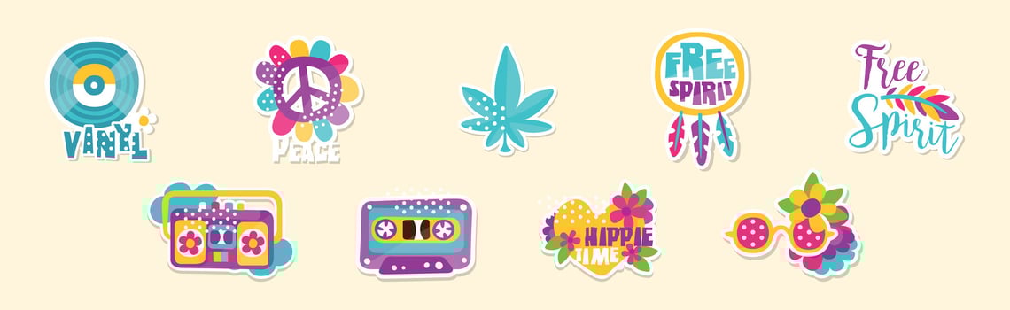 Hippie Sticker and Retro Patches Colorful Set vector