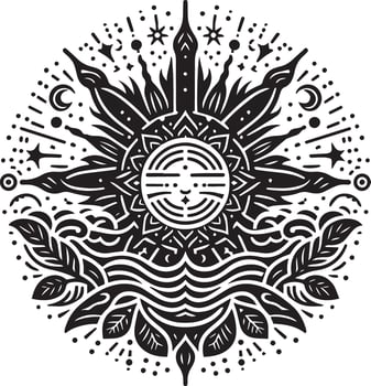A black and white design with a sun and waves vector